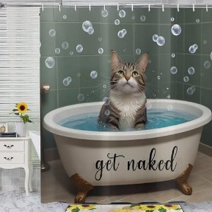 Selbro®, Kat Douchegordijn, 180 x 200 cm, grappig kattenbadgordijn, douche-bubbel, waterdicht, polyester, wasbaar, textiel, badkamergordijn voor slecht, met 12 haken