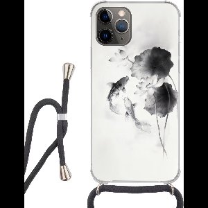 Telefoonhoesje Geschikt voor iPhone 12 pro crossbody - Lotusbloemen - Vissen - Bladeren - Zwart - Siliconen - Crossbody - Backcover met Koord - Telefoonhoesje met koord - Hoesje met touw Telefoonhoesje