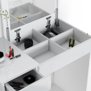 Kaptafel Beauty Station “Lotos Premium” – 117 cm – Wit – Luxe Make-up Tafel met Grote Spiegel, 4 Lades & Gesloten Opbergvakken – Modern Slaapkamer Beauty Meubel – Medahome