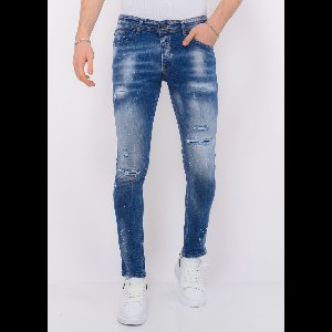 Blue Ripped Stretch Jeans Heren - Slim Fit -1080- Blauw