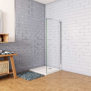 Douchewand-Inloopdouche 64x185cm 8mm veiligheidsglas NANO EasyClean glanzend chroom aluminium profiel F-vorm:140cm stabilisator (kan worden gesneden)