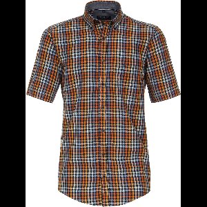 CASA MODA Sport casual fit overhemd - korte mouw - dobby - oranje geruit - Strijkvriendelijk - Boordmaat: 45 - 46