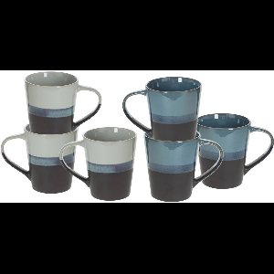 Secret de Gourmet Koffiemokken Lagune - 6x stuks - Keramiek - blauw/grijs - 360 ml - 9 x 10 cm - 2 kleur varianten in een set