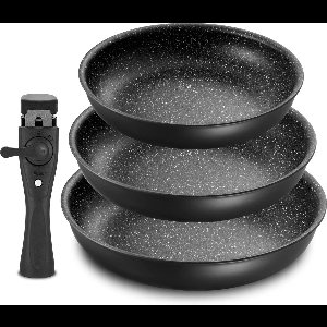 Vostara - Koekenpannen Set - Pannenset - Koekenpan - Wokpan - Hapjespan - Koekenpannenset 4 Delig - Afneembaar Handvat - Afneembaar Handvat