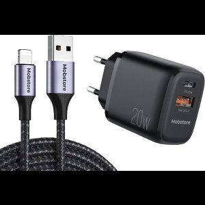 Mobstore - oplader geschikt voor iPhone oplader stekker - Snellader - Inclusief Kabel - 2 meter - Geschikt voor Lightning Kabel - 20W PD - Set 2 in 1