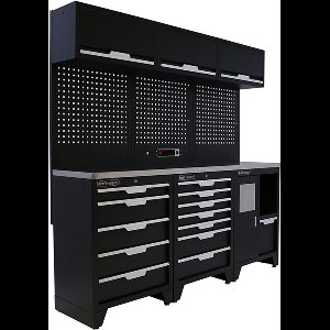 Kraftmeister werkplaatsinrichting - Werkbank met 3 wandkasten en RVS werkblad - Werktafel met 12 laden en gereedschapswand - Complete set voor werkplaats of garage - Zwart