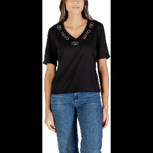 Printed V-Neck T-Shirt with Rhinestones and Short Sleeves Wo -