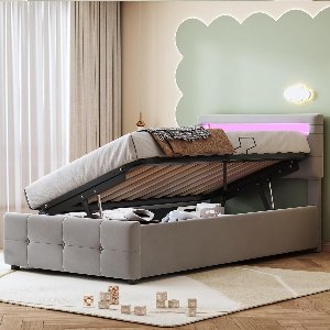 Eenpersoonsbed met Opbergruimte 90x200 cm – Gestoffeerd Bed met Bedlade & Verstelbaar Hoofdeinde – Luxe Fluwelen Opbergbed met Hydraulisch Systeem – Comfortabel Tienerbed / Logeerbed – Grijs – Medahomestore