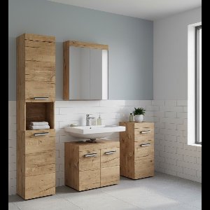 Luxe Badkamermeubelset “Luna Premium” – Eiken Wotan – 5-Delige Complete Set met Spiegelkast, Wasbakonderkast & Opbergruimte – Modern Design – Soft-Close – Houtlook – 60 cm – Badkamerkastenset