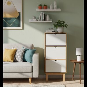 Elegante Schoenenkast OTTA – 3 Lade Schoeppenschuif, Massief Kieferhout, Bruin & Wit, Ruimtebesparende Schoenopberger voor Hal, Flur en Woonkamer – Rustieke Stijl, Duurzaam & Robuust – Medahomestore