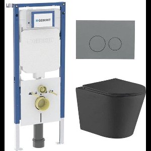 QeramiQ Dely Toiletset - 36.3x51.7cm - diepspoel - rimless - Geberit UP720 inbouwreservoir - softclose toiletzitting - bedieningsplaat licht grijs - ronde knoppen - zwart mat