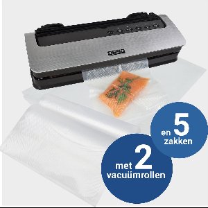 DESQ® 8000 Vacumeermachine - Set met 2 Vacuümrollen en 5 Vacuümzakken - 5 standen - Droog Vochtig Drukgevoelig Voedsel - Rolhouder - Sterke 80 KPA zuigkracht, - Dubbele Verwarmingsstrip - Rolsnijder