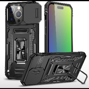 Podec Hoesje geschikt voor iPhone 15 Pro Zwart Telefoonhoesje - Anti-Shock Case Cover Hybrid Armor Hoes met Kickstand Ring met Screenprotector