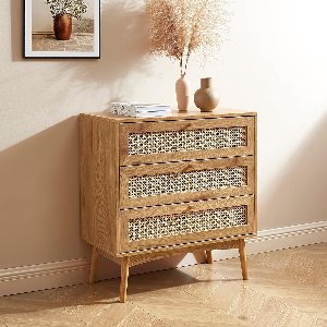 Dressoir 80 cm – Sideboard met 3 Lades – Hout & Rotan – Opbergkast voor Woonkamer / Kinderkamer – Beech Wood – 80x40x85 cm – Rattan Opbergmeubel – Novihome