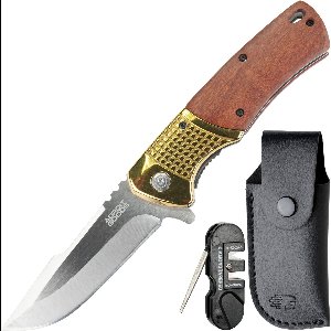 AdroitGoods Zakmes met palissander en messing details – incl. hoes en slijptool - Premium opvouwbaar outdoor-mes met houten handgreep - Duurzaam zakmes voor kamperen, wandelen, outdoor survival