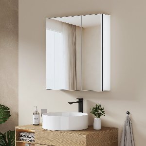 EMKE Spiegelkast - Aluminium - Wit - Soft Close - Vakken Achter Deur - Verstelbare Glasplanken - 65x60 cm