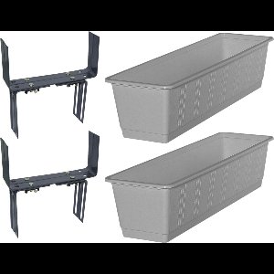 Set van 2 kunststof plantenbakken grijs rechthoekig 60 cm met 4 verstelbare balkon/muurbeugels