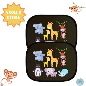 Thuys Zonnescherm Auto Baby - Zonwering Zijruit 2 Stuks - Zonnescherm Kind met Diertjes - 2-pack - Opvouwbaar