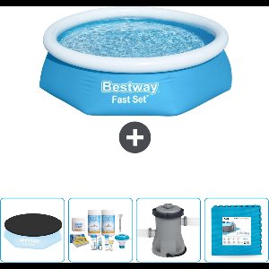 Bestway Rond Opblaasbaar Fast Set Zwembad - 244 x 61 cm - Blauw - Inclusief Afdekzeil - Onderhoudspakket - Pomp - Vloertegels
