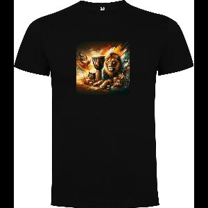 Zwart T-Shirt met “Kleurrijke Bongo drums – Afrikaans – Dansen – Muziek – Leeuw “ Print Full Color Maat 5XL