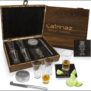Luxe Shotglazen Set in Houten Giftbox – 4x 6cl Tequila Glazen –Inclusief Snijsteen met Gegraveerde Skull – Snijmesje, Zoutpotje & E-Book – Uniek Geschenk – Catrinaz®