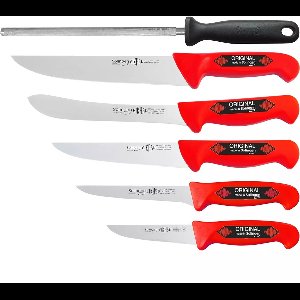 Eikaso Solingen Slagersmessenset – 6-delig – Rood Handvat – Molybdeenstaal 1,4116 – Inclusief Aanzetstaal – Solingen Duitsland