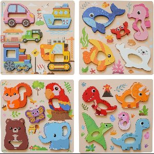 Houten Puzzelset 4 stuks voor Kinderen – Best4Juniors Educatieve 3D Inlegpuzzels 8x8 cm – Houten Speelgoed Cadeau – Voertuigen, Zeeleven, Dieren & Dinosaurussen, het perfecte cadeau voor verjaardagen, babyshowers en kerst