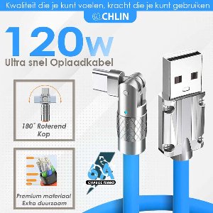 CL CHLIN® Premium Liquid Silicone: Usb-A naar Usb-C 120w Snel oplaadkabel Blauw / 1.5m met 180 graden roterend kop - Usb-c kabels - Usb kabel ipad - Usb kabel samsung - 6a oplaadkabel - Oplaad indicator - oplaadkabel voor macbook en laptops
