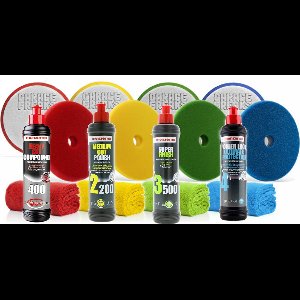 Menzerna polijst pakket 250 ml bestaande uit; Heavy Compound 400, Medium cut polish 2200, Super Finish 3500, PowerLock 4, 4 Pads 150mm Garage Freaks, 4 Poetsdoekjes 40x40 550 gsm