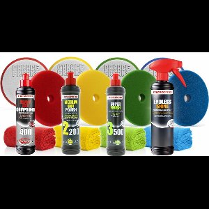 Menzerna polijst pakket 250 ml bestaande uit; Heavy Compound 400, Medium cut polish 2200, Super Finish 3500, Endless Shine 500 Ml , 4 Pads 150mm Garage Freaks, 4 Poetsdoekjes 40x40 550 gsm