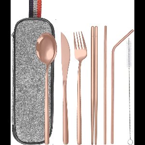 House of Husk Reisbestek - Reis Bestekset - Chopsticks - Metalen Rietjes met borstel - Lepel - Vaatwasserbestendig - RVS - 7 Delig - Rose Goud