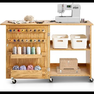 Opvouwbare Naaitafel, Multifunctioneel Compact Design - Met Wieltjes, Planken en Opbergvakken - Houten Kleur