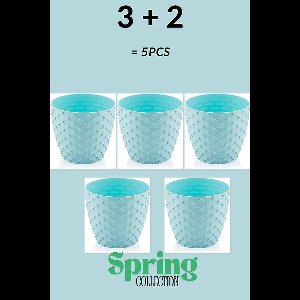 3+2 - Bloempotten - rond - licht blauw met afwatering en wateropvang - 5 ronde blauwe sierpotten