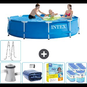 Intex Rond Frame Zwembad - 305 x 76 cm - Blauw - Inclusief Pomp Solarzeil - Onderhoudspakket - Filters - Ladder