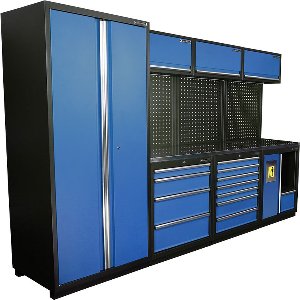 Kraftmeister werkplaatsinrichting - Werkbank met 3 wandkasten, 1 werkplaatskast, 1 prullenbak en RVS werkblad - Werktafel met 11 laden en gereedschapswand - Complete set voor werkplaats of garage - Blauw