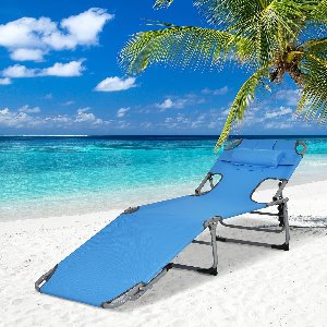 Luxe Opvouwbare Strand Ligstoel “SunRelax 5” – Zonnestoel met 5-Posities Verstelbare Rugleuning, Gezichtsgat, Kussen & Zijvak – Draagbare Outdoor Chaise Lounge voor Strand, Tuin, Camping & Patio – 193×59.7×31.8 cm – Blauw – Medahome