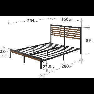 Kai Kingsize Bed 160x200 cm – Industrieel Stijlvol Bedframe van Metaal en Bamboe – Platform Bed met Robuuste Lattenbodem – Bruin/Zwart – Noahome