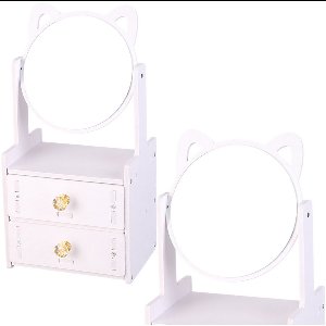 Mini Opmaaktafel met Spiegel en 2 Lades - Wit Houten Dressoir voor Sieraden en Make-up - Compact Opbergmeubel - Make up Spiegel - Make-up Organizer - Opmaakspiegel met Kattenoortjes