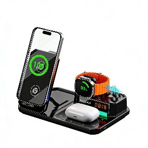 Namajunas - 6 in 1 Draadloze Oplader - Draadloze Bluetooth Speaker - 7-kleuren RGB -30W Iphone Oplader - Snellader iphone - Geschikt voor iphone (8-17) - AirPods & iWatch - Wireless charger - GSM Lader - Draadloos Qi Station - Opvouwbaar - Zwart