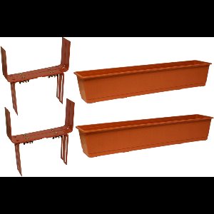 Set van 3 kunststof plantenbakken terracotta rechthoekig 80 cm met 6 verstelbare balkon/muurbeugels