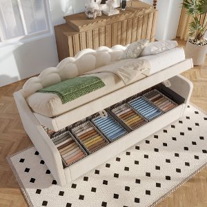 Slaapbank, slaapbank, hydraulisch bed, met opbergruimte, eenpersoonsbed (zonder matras), fluweel, LED-strip met kleurwisseling, 90x200cm, beige