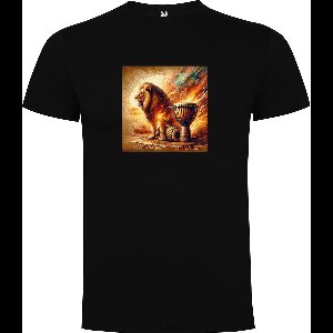 Zwart T-Shirt met “Kleurrijke Bongo drums – Afrikaans – Leeuw – Muziek – Vrolijk “ Print Full Color Maat M