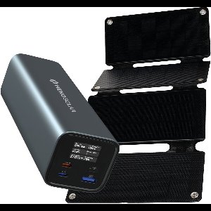 Heko Solar® Fuse 140 + Unfold 15 - Powerbank met Zonnepaneel - 27.000 mAh - 140W snellader - USB-A/USB-C - Laptop Powerbank - Digital Display - Noodpakket