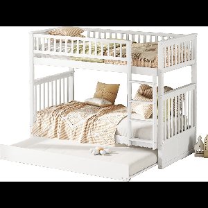 Merax Stapelbed 90x200 cm met Uitschuifbed 90x190 – Massief Hout – Driepersoons Kinderbed met Trap en Hoge Reling – Wit