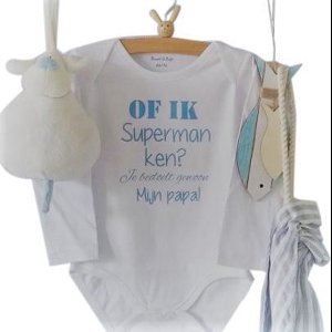 Baby Rompertje met tekst Of ik superman ken? Je bedoelt gewoon mijn papa!  | Lange mouw | wit met blauw | maat 50/56  bekendmaking zwangerschap aanstaande baby jongen