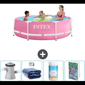 Intex Rond Frame Zwembad - 244 x 76 cm - Roze - Inclusief Zwembadfilterpomp - Solarzeil - Chloor - Zwembadgids