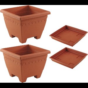 Plantenbak en opvangschotel set - 2x - vierkant - kunststof - 35 x 35 x 28 cm - bloempot