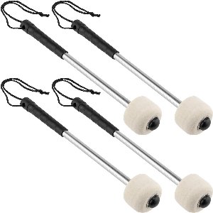 Zeynomax - 4 stuks drumstokken met hamerkop en roestvrijstalen handvat voor basdrum - metalen drumsticks - percussie accessoire met wol vilt hoofd - voor marcherende bandleden.