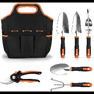 Candala Tuingereedschapsset, tuingereedschap, 7-delig, van roestvrij staal, tuinhandgereedschap met tuinschaar, tuinhark, drie plantenschep, onkruidsteker, handtas, tuincadeau voor tuinieren