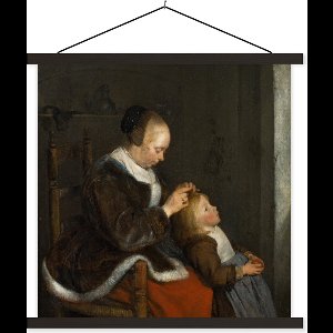 Posterhanger incl. Poster 90x90 cm - Schoolplaat - De luizenjacht - Schilderij van Gerard ter Borch - Textielposter - Zwarte latten